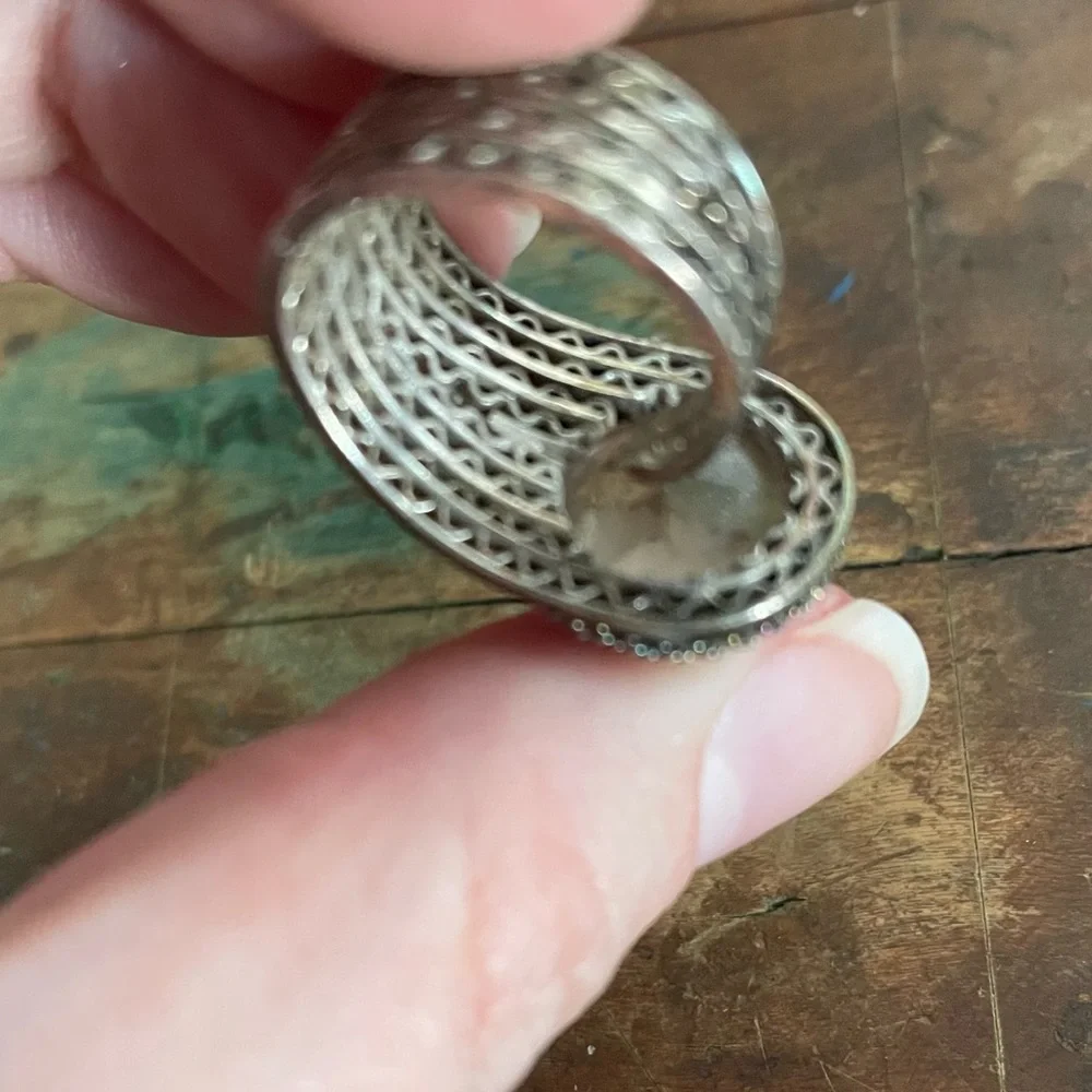 Vintage deco ring silver mesh with smoky quartz stone